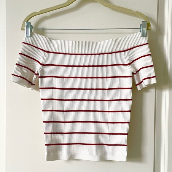 club Monaco white and red striped off shoulder sweater knit top xs - Picture 4 of 7